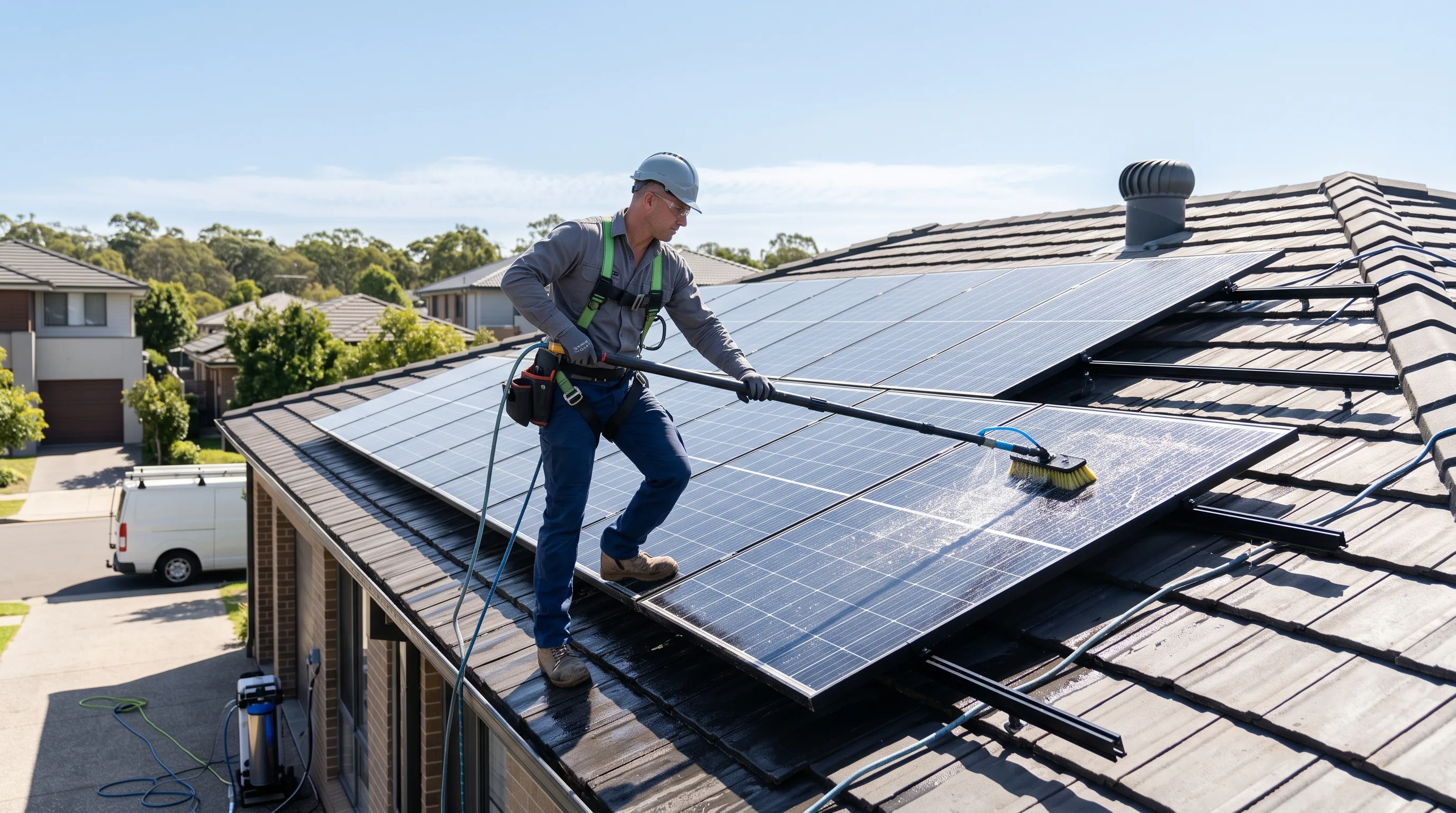 SG Window Cleaning solar array with one visibly dirtier panel